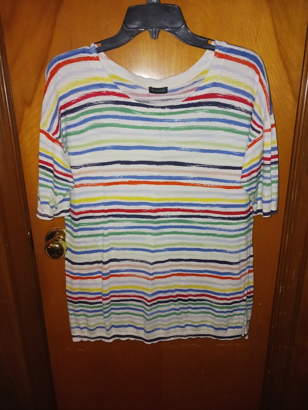 Talbots White Short-Sleeve Tee with Multicolor Stripes